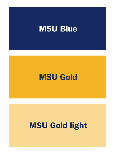 Three boxes with labels from top to bottom saying "MSU Blue", "MSU Gold", "MSU Gold light"