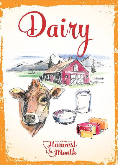 Dairy Poster showing cow, milk, yogurt, cheese, red barn and moutains.