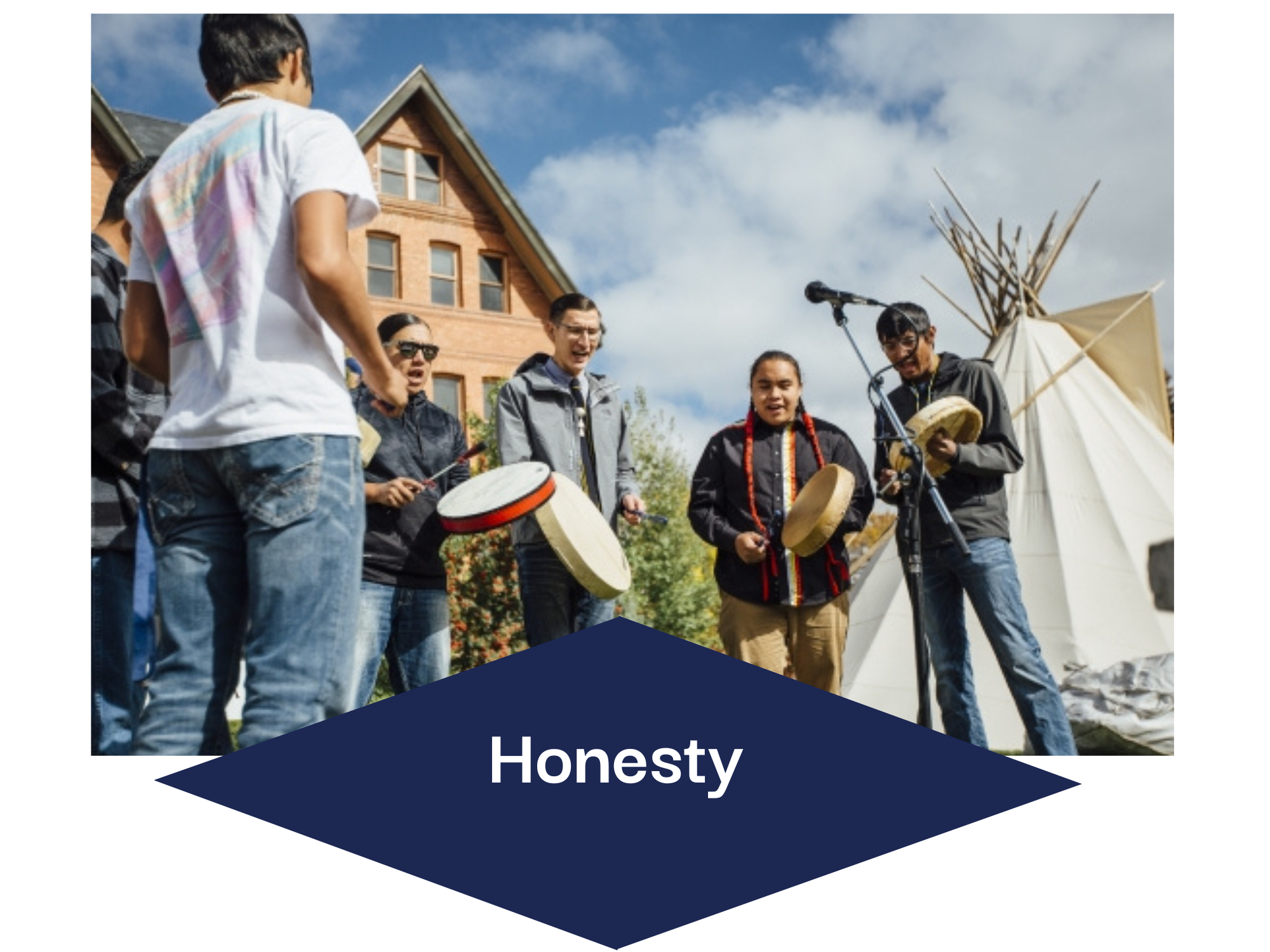 The Honesty section of the Cultural Values model, showing students drumming and singing outside of Montana Hall.