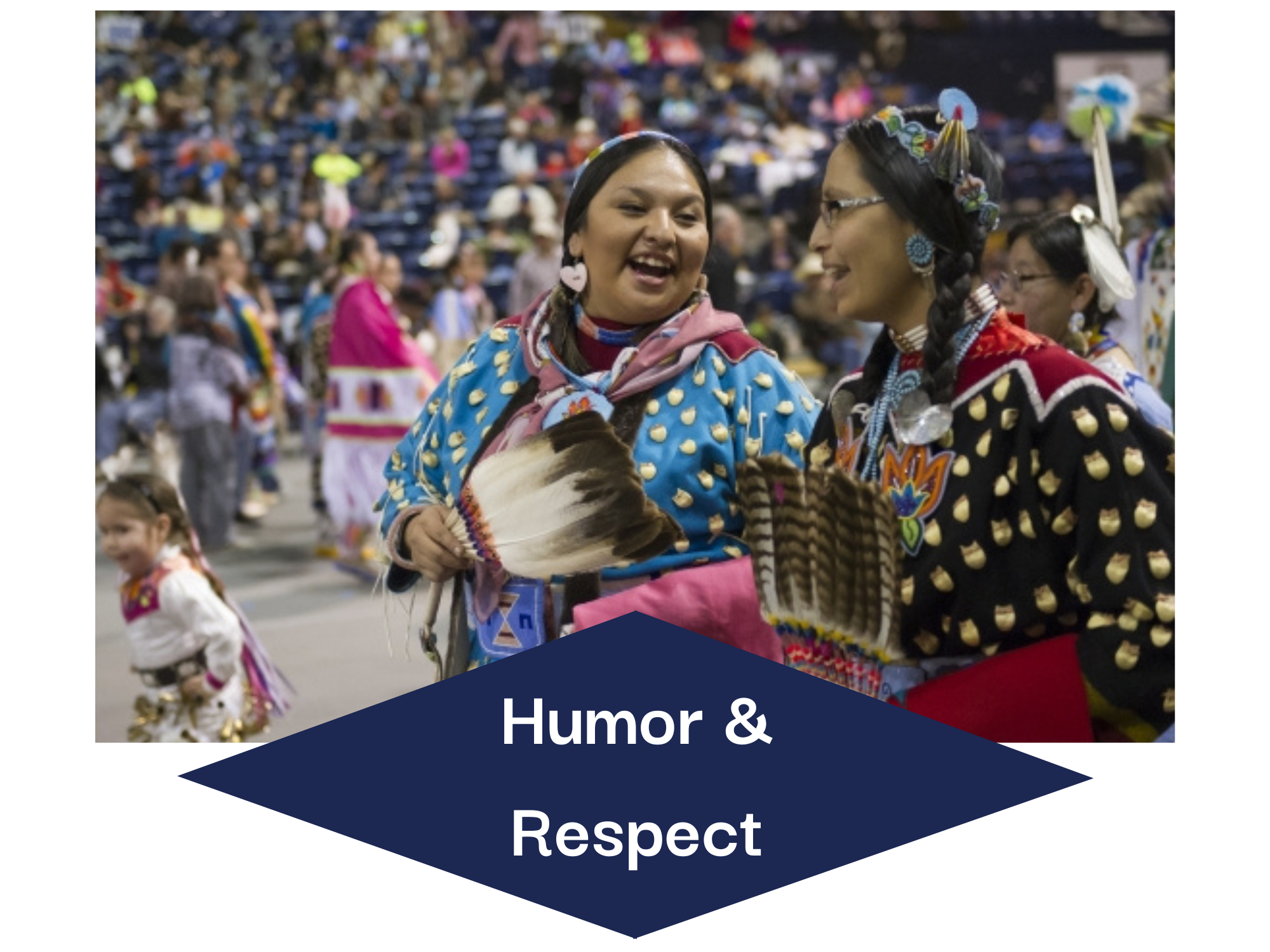 The Humor and Respect section of our Cultural Values model, showing two ladies laughing in traditional regalia at the MSU Powwow.