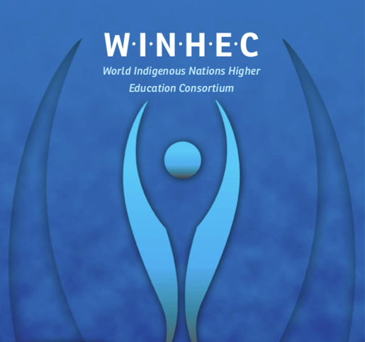 The WINHEC Logo, with the organization acronym and what looks like a blue individual with arms outstretched up toward the acronym.