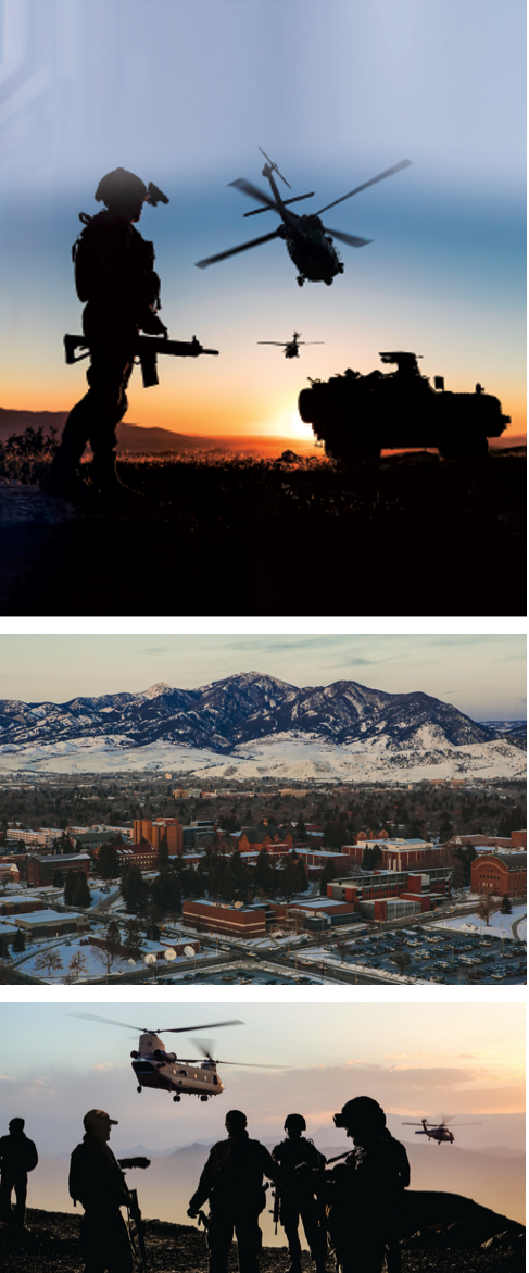 3 image collage – image 1 is a soldier standing at sunset, with helicopters and military vehicles in the background. Image 2 is an aerial view of MSU Bozeman’s campus covered in snow, with the Bridger Mountain Range in the background. Image 3 is a group of soldiers in the front with helicopters flying in the background. 