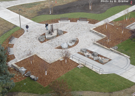 Aerial View of Alumni Plaza with Spirit the Bobcat