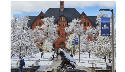 Snowy scene on a college campus.