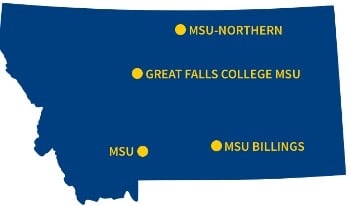 Map of the shape of Montana in blue with Great Falls, Billings, Havre and Bozeman marked with gold dots. 