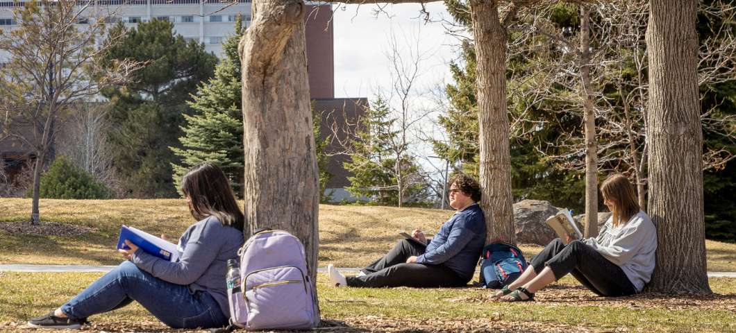 Three students each reading books underneath trees