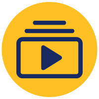 video icon with two lines above it on a yellow circle background