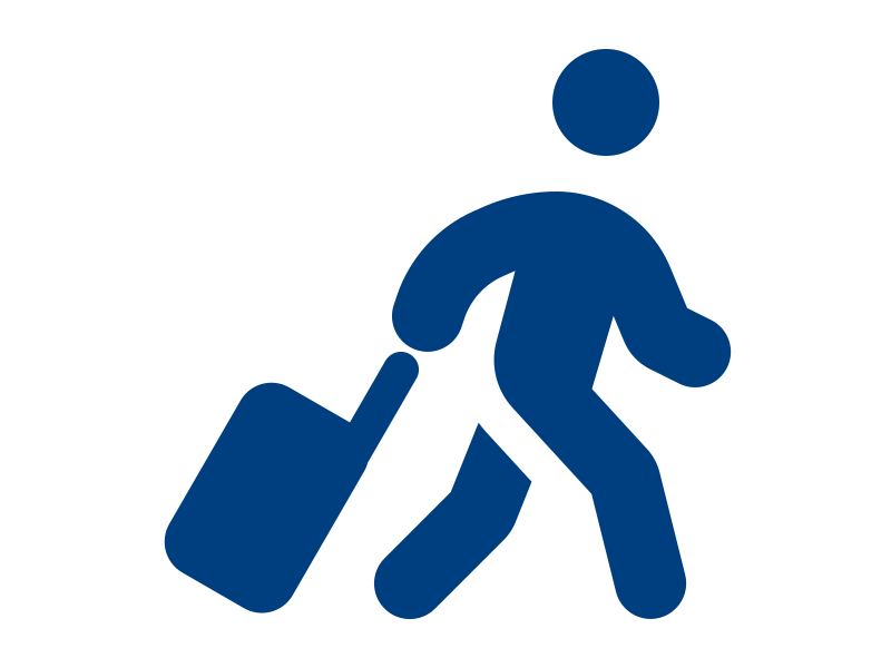 Icon of a stick figure pulling a rolling suitcase. 