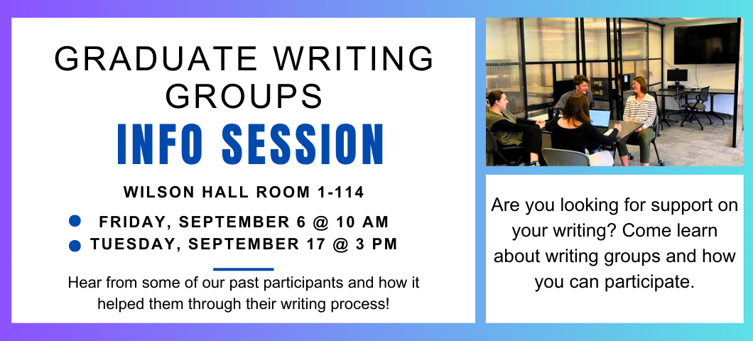 Blue Background with picture of tutors in the upper right corner. Text, "Graduate writing group info session. September 6 @ 10AM and Tuesday September 17 @ 3 PM. Hear from some of our past participants and how it helped them through their writing process!" 