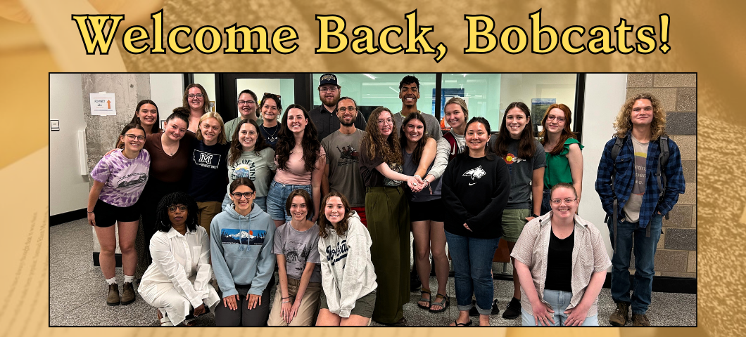 Orange Background with Yellow Lettering saying," Welcome Back Bobcats!" Group photo of tutors in the center of the page.